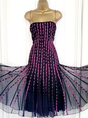 Phase Eight Pleated Midi Dress Size 10 Black Pink Abstract Print Spaghetti Strap